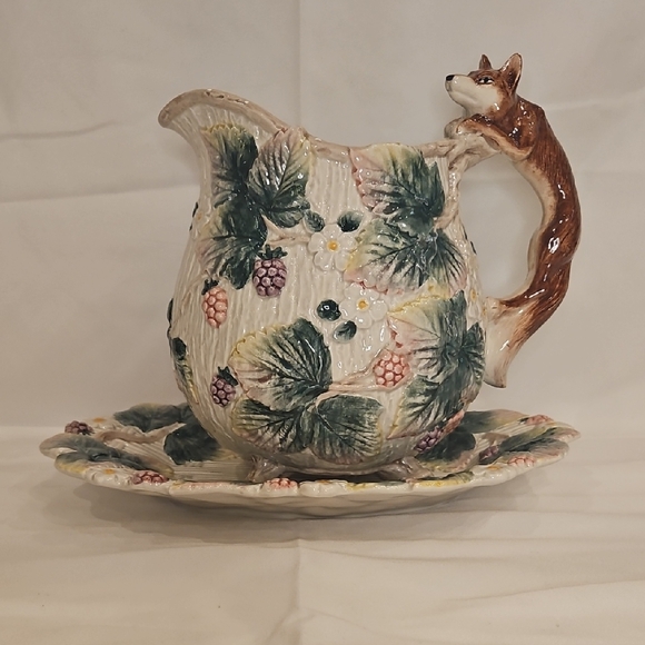 Fitz & Floyd Floral Ceramic Pitcher with Fox Handle